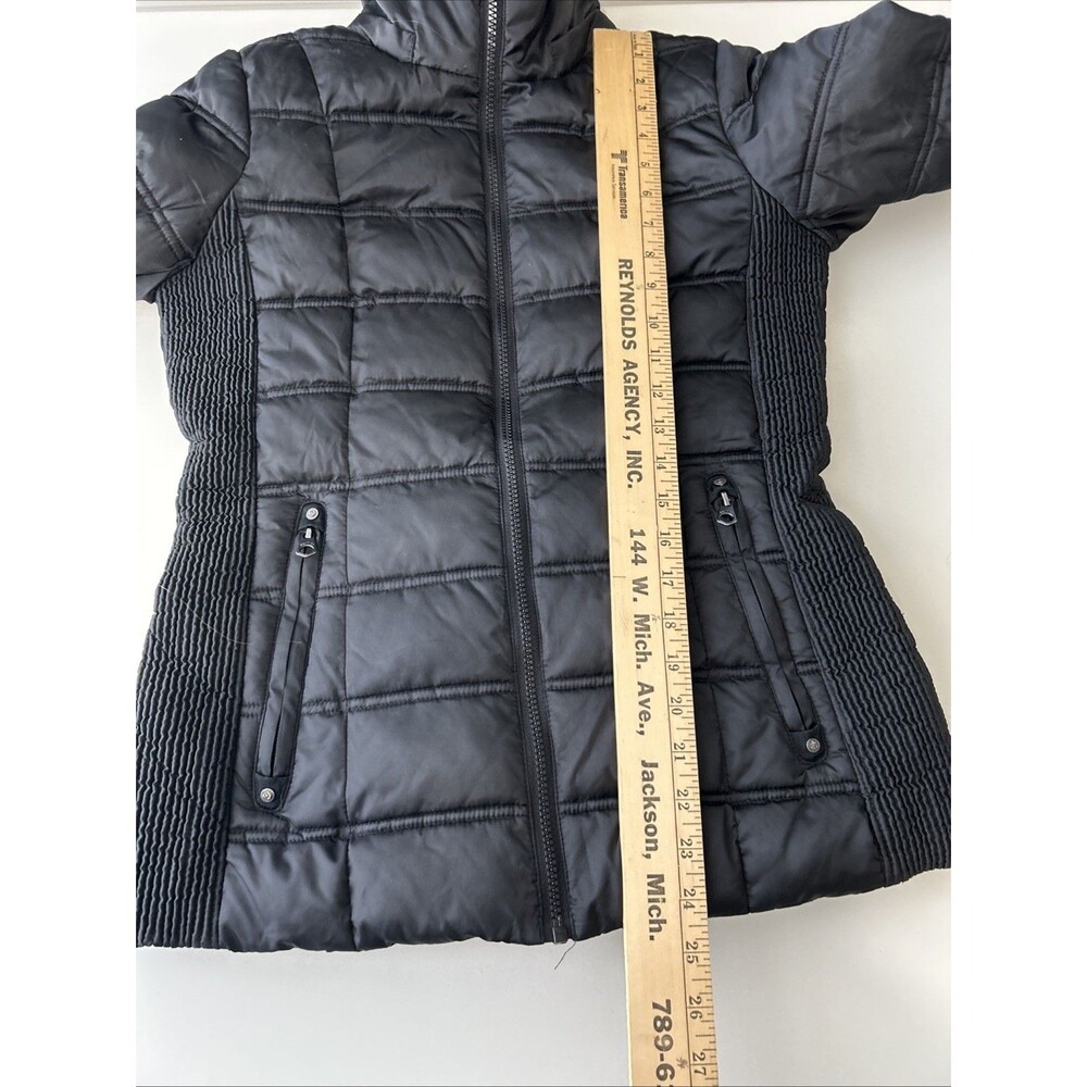 Nautica Black Puffer Jacket Women’s Small Gorpcore Fur Trim Zipper Long Sleeve - Picture 7 of 7